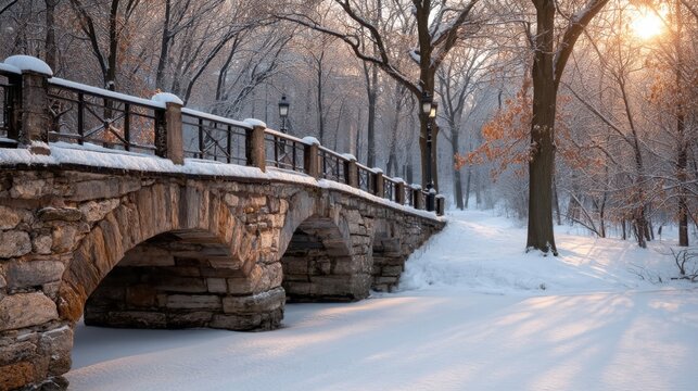Multi arch stone bridge beside snow covered forest path