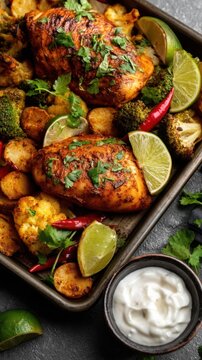 Sheet pan indian spiced chicken with lime chilies roasted potatoes broccoli and yogurt sauce for vibrant dinner platter design