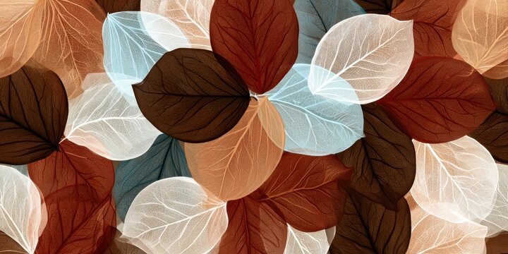 Seamless veined transparent leaves pattern with layered autumn tones for natural wallpaper background and fabric design