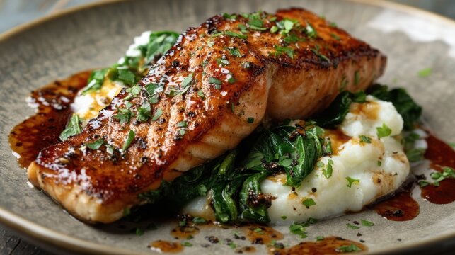 Caramelized black pepper trout fillet on mashed potatoes with wilted greens and herb garnish for restaurant menu and food banner design