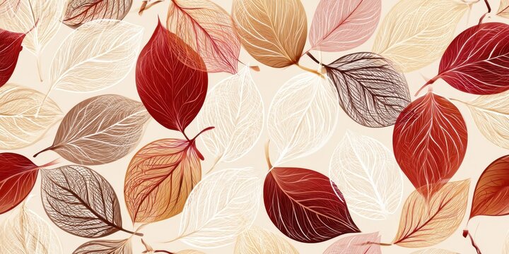 Seamless veined transparent leaves pattern background with warm red and beige foliage for autumn wallpaper and textile design