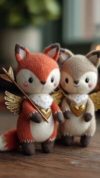 Adorable knitted fox plush toys with golden hearts and wings for cute animal decor