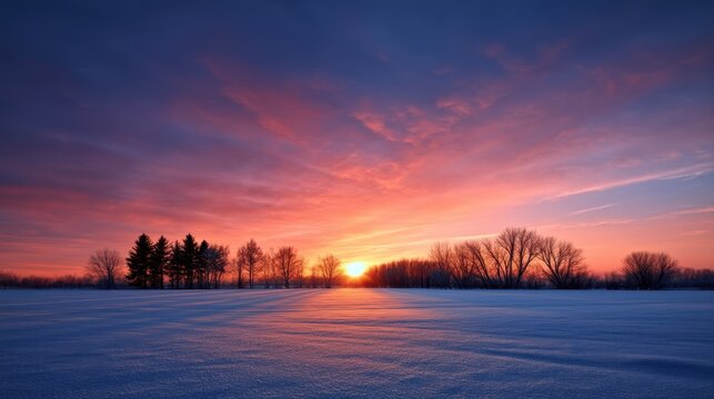 Sun rising above snow plain with distant tree line horizon