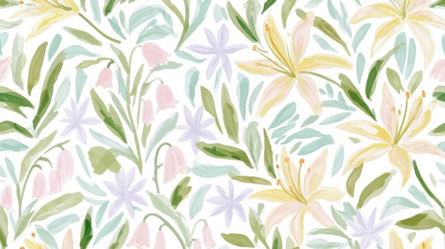Delicate light botanical watercolor pattern with muted flowers and foliage for seamless wallpaper and surface design