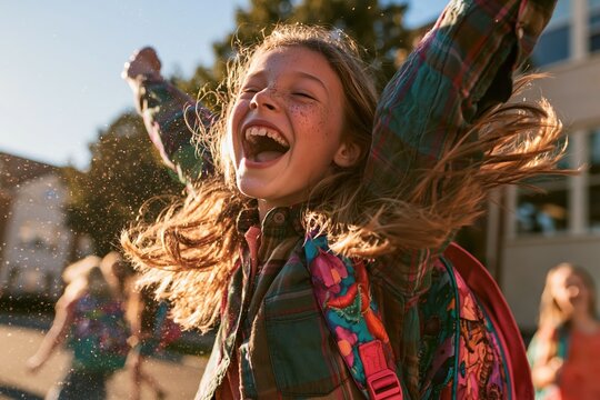Joyful schoolgirl with freckles laughing with arms raised outside school