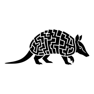 Black silhouette of an armadillo with a maze pattern on its shell, isolated on a white background, decorative animal