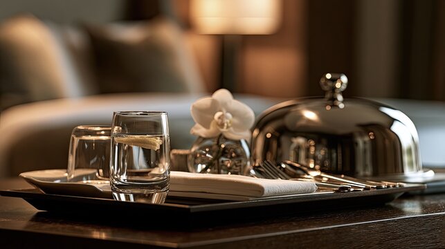 Elegant in-room dining service with covered tray and fresh orchid