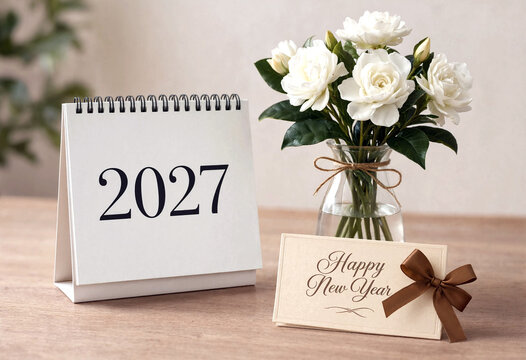 Elegant new year desk setup with calendar flowers and greeting card for welcoming two thousand twentyseven