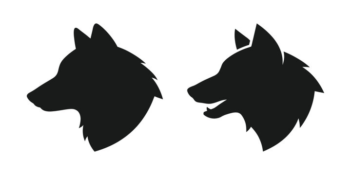 Two black silhouette icons of wolf heads facing left isolated on a white background