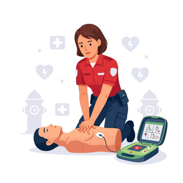 CPR Training: Woman performing chest compressions on a mannequin with an AED device nearby