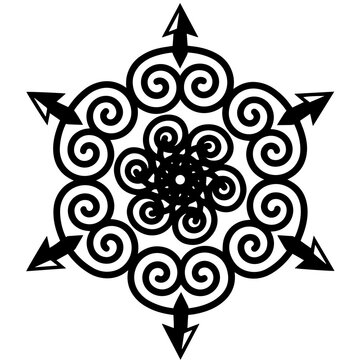 Black and white snowflake featuring a central spiral pattern with six symmetrical radiating arms ending in sharp triangular arrowheads