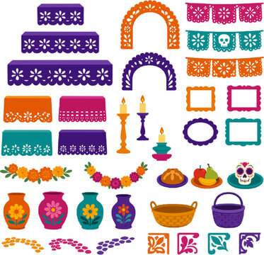 Ofrenda Construction vector illustration collection with altar step modules, arch pieces, table cloth panels, blank frames