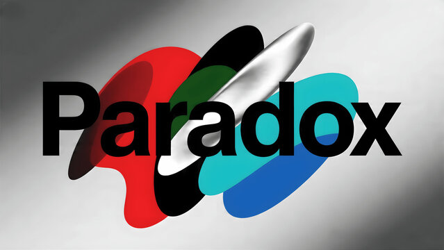 Paradox text word art typography design with bold black and white lettering on vibrant red blue and black contrast background