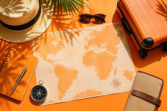 Summer travel concept with world map, orange suitcase, straw hat, sunglasses, notebook and compass arranged in warm sunlight for vacation planning