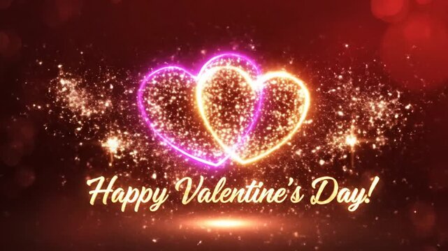 Glowing hearts with Happy Valentines Day text on red background