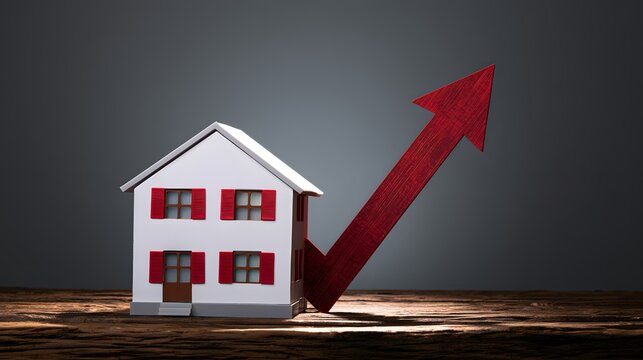 Minimalist architectural house model with a red growth arrow on wood for real estate success