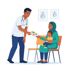 Fototapeta premium Doctor gives medical information to Muslim mother with child in clinic waiting room, diversity and healthcare concept