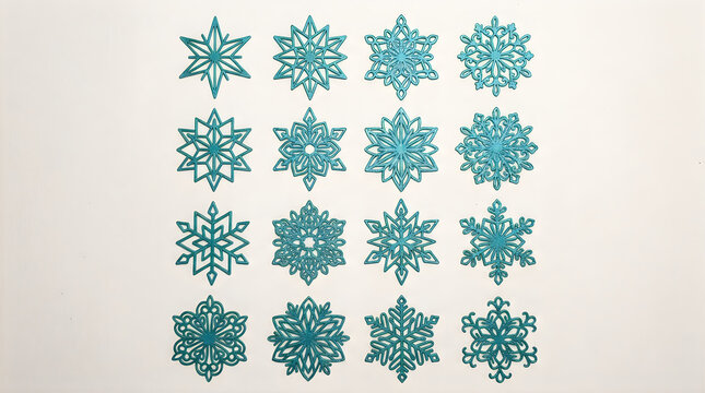 Set of blue pixel art snowflake icons for winter design illustration