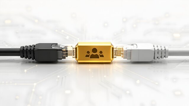 Gold Ethernet Connector With Teamwork Icon Bridging Black And White Network Cables