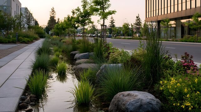 A landscaped bioswale with native plants and rocks runs alongside a paved walkway and urban street under soft evening light