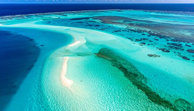Aerial view of a tropical turquoise lagoon with white sandbars.