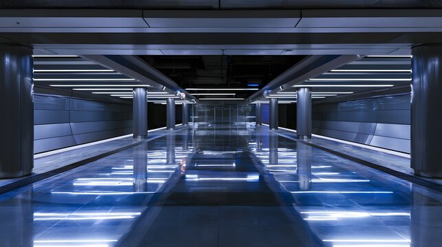 Modern subway station interior featuring sleek minimalist design and polished floors in a futuristic style