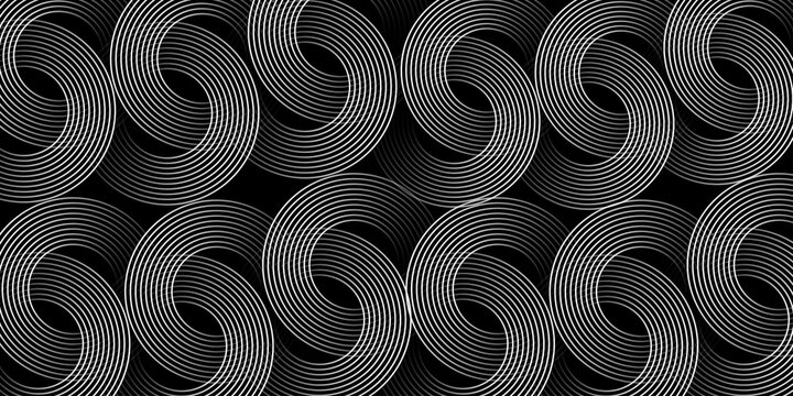 Infinity sign of two connected discs of metal wires. Eight of two linear discs. Vector illustration isolated on black background.
