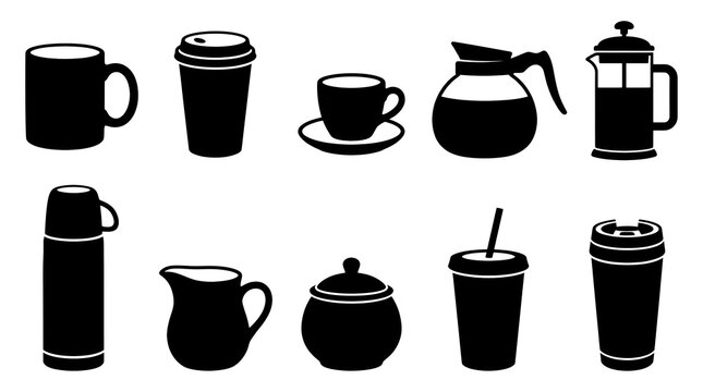 Set of coffee silhouettes vector collection, tea beverage drink and cafe equipment icon set isolated on white background
