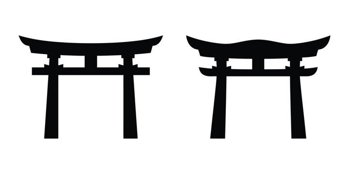 Set of two black silhouette illustrations of traditional japanese torii gates isolated on a white background