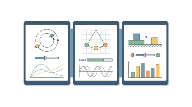 Educational vector illustration showing physics experiments on tablets with orbiting planets, swinging pendulums, motion blocks, and colorful analytical data charts
