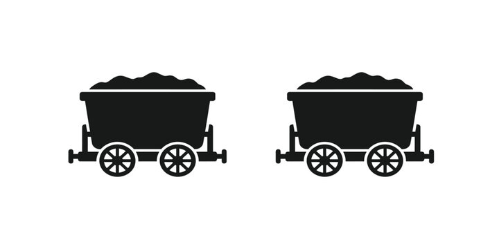 Two black silhouette icons of mine carts filled with coal isolated on a white background