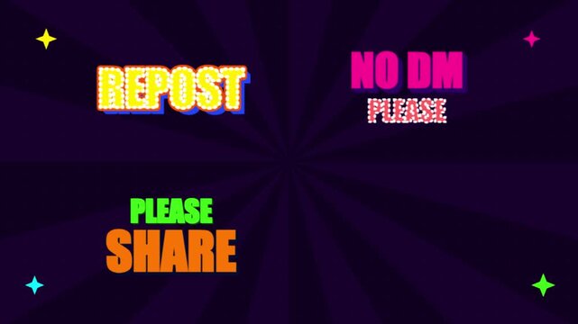 Retro social media call to action stickers, vibrant neon repost and share labels, colorful no dm please text on sunburst background
