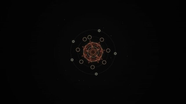 Abstract digital network visualization with glowing nodes forming an atomic pattern on dark background.