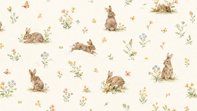 Seamless bunny and wildflower pattern with cute rabbits and delicate botanical illustrations