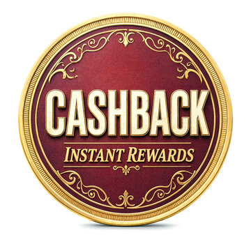 Golden decorative coin with embossed text offering instant rewards and cashback benefits design