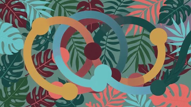 Interconnected circular shapes move fluidly across a lush tropical botanical leaf patterned background in this abstract colorful digital animation footage