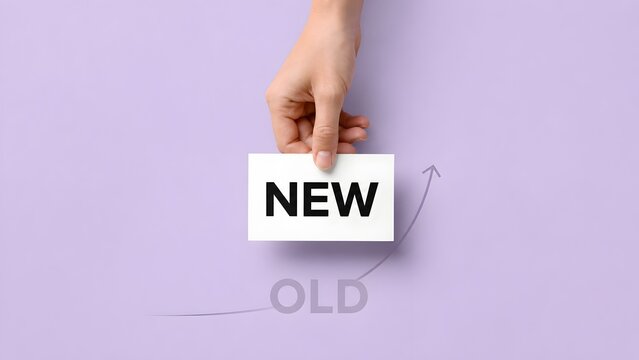 Hand holding white card with word new over old with upward sweeping arrow representing business growth and positive change