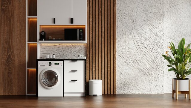 Modern laundry room and kitchen interior with washing machine appliances and wooden decor- 3D rendering