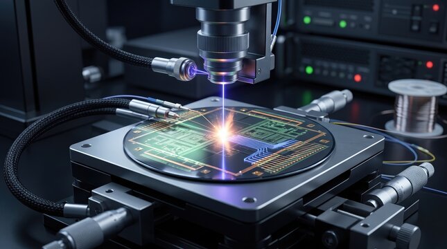 Close-up of a high-tech microscope examining a silicon wafer with laser precision in a modern lab environment.