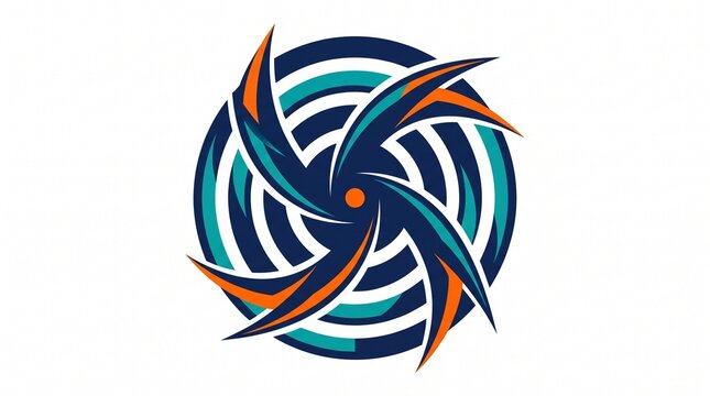 Dynamic abstract geometric logo with vibrant swirling curves with orange hues converging around bright central focal point symmetrical logo design
