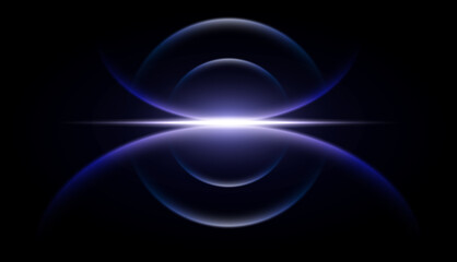 Fototapeta premium Symmetric glowing lens flare, abstract dark tech design, violet energy arcs, sleek digital illumination, modern high-tech concept.