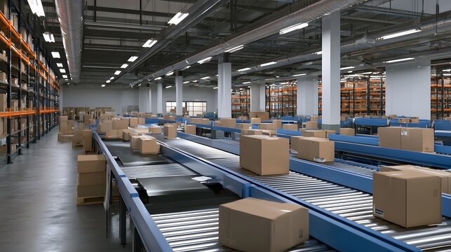 A modern warehouse interior with conveyor belts transporting cardboard boxes through an organized logistics facility under bright lighting