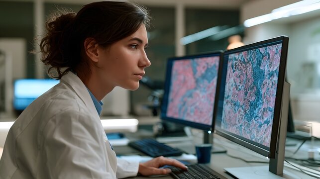 A focused individual in a lab coat examines detailed medical images on dual computer monitors in a modern workspace