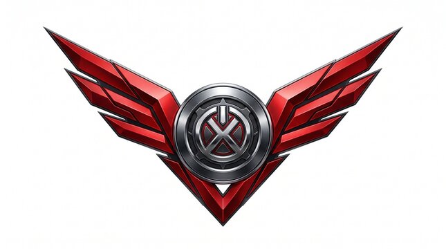 Modern metallic emblem with high tech automotive emblem combining angular red wings reflective metallic circular centerpiece centerpiece evoking speed