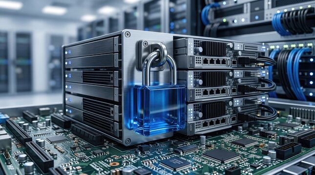 Close-up of a secure server with a blue lock symbolizing data protection in a modern data center.