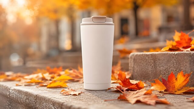 Blank reusable insulated thermos tumbler resting on outdoor stone steps covered with fallen yellow maple leaves