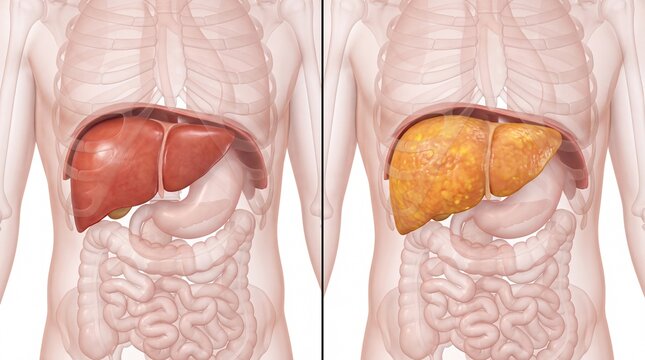 Comparison of healthy and fatty liver conditions in an anatomical illustration showcasing human anatomy.