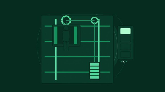 Abstract animated elevator balancing on its counterweight drawn as green and teal lines and shapes on a deep dark background. Seamless looping 4K motion graphics video with free space for text, ideal 
