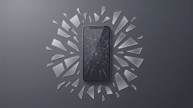 Broken smartphone screen with shattered glass shards