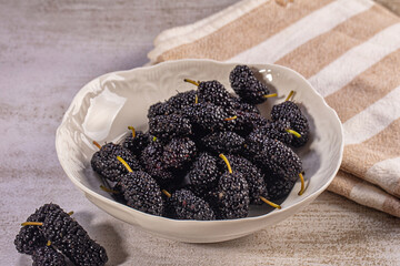 Fresh mulberries in white ceramic bowl on textured surface with striped cloth © Andrei Starostin